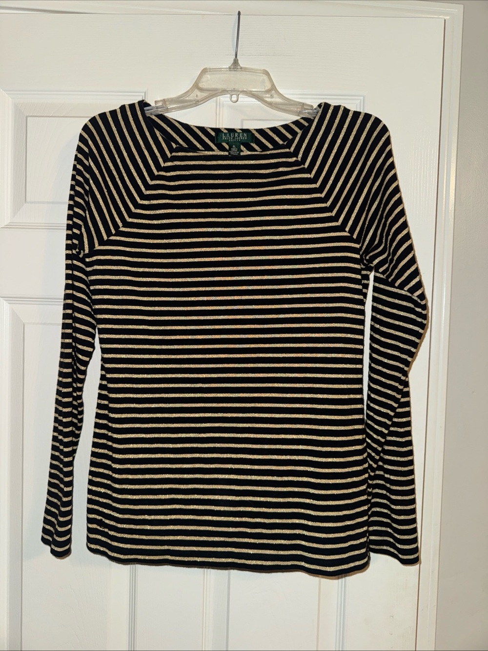 Ralph Lauren Black and Cream Striped Long Sleeve Boatneck Top